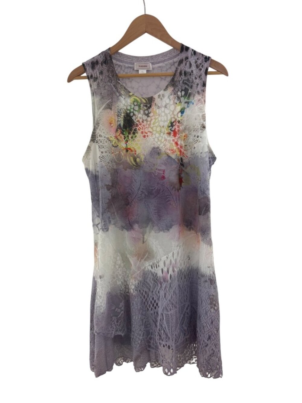 Kamana Sleeveless Lace Detail Purple Watercolor Butterfly Print Shift Dress XL